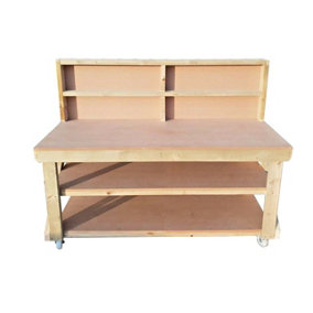 MDF top workbench (H-90cm, D-70cm, L-150cm) with back panel, double shelf and wheels