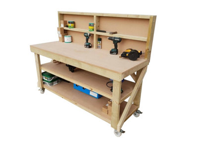 MDF top workbench (H-90cm, D-70cm, L-150cm) with back panel, double shelf and wheels