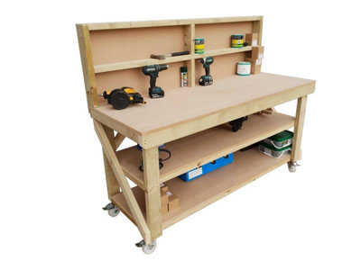 MDF top workbench (H-90cm, D-70cm, L-150cm) with back panel, double shelf and wheels