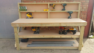 MDF top workbench (H-90cm, D-70cm, L-180cm) with back panel and double shelf