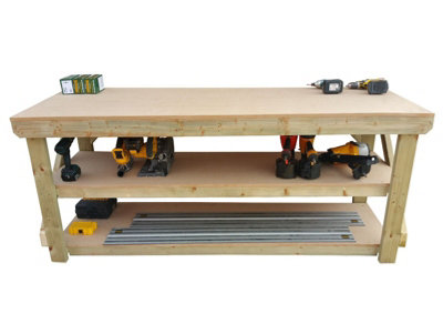 MDF top workbench (H-90cm, D-70cm, L-210cm) with double shelf