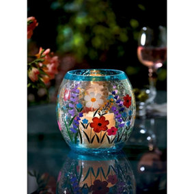 Meadow Flower Crackle Glass Candleholder with LED Candle - Hand Painted indoor Outdoor Decoration - Measures H18cm x W16cm
