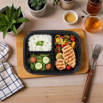 Meal Prep Containers 10 Pack 3 Compartment 1000ml Black BPA Free Lunch ...