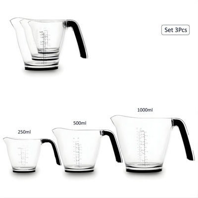Measuring Jugs Cups Set of 3 with Handle Spout 250ml 500ml 1000ml Clear ...