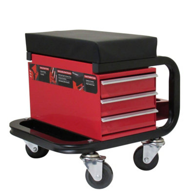Mechanic Creeper Seat Workshop Trolley  With Drawers (Padded Garage Work Stool Wheeled Tool Box)