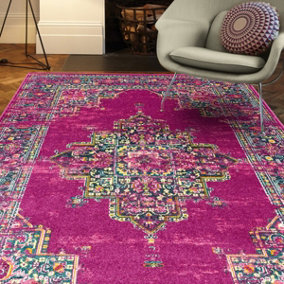 Medallion Fuchsia Modern Bordered Floral Geometric Easy to Clean Rug for Living Room Bedroom and Dining Room-120cm X 170cm