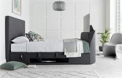 Medburn Ottoman Storage Upholstered TV Bed Frame Slate Grey Linen Fabric