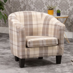 Medford 69cm wide Beige Chequered Fabric Tub Chair with Dark and Light Wooden Legs