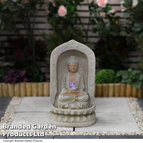 Mediating Buddha Cascading Water Feature, Outdoor Ornament Fountain with  LED Blossoming Lotus, Self Contained Waterfall, 60cm