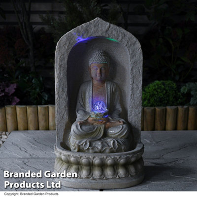 Mediating Buddha Cascading Water Feature, Outdoor Ornament Fountain with  LED Blossoming Lotus, Self Contained Waterfall, 60cm