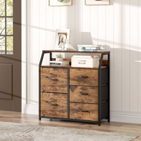 Medieval Inspired Wooden Freestanding Storage Cabinet with 5 Drawers and 1 Open Shelve