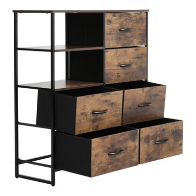 Medieval Inspired Wooden Freestanding Storage Cabinet with 6 Drawers and 2 Open Shelves