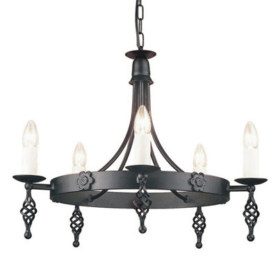 Medieval Style 5 Bulb Black Chandelier with Scroll Finials and LED E14 60W
