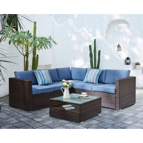 Medina 4 Piece Modular Brown Rattan Sofa Garden L- Shaped Lounge Set with Glass Topped Coffee Table Blue Cushions
