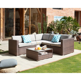 Medina 4 Piece Modular Brown Rattan Sofa Garden L- Shaped Lounge Set with Glass Topped Coffee Table  Grey Cushions