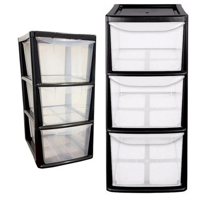 Medium Black Modular 3 Drawer Storage Tower Unit For Home Office Schools With Clear Drawers