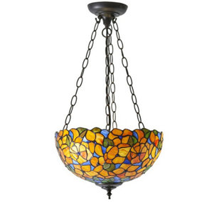 Medium Floral Pendant Ceiling Light - Tiffany Glass & Dark Bronze Finish - Dimmable LED