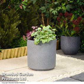Medium Grey Cylinder Stone Effect Planter Outdoor Garden Plastic 31cm (x1)