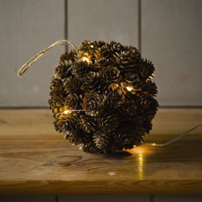 Medium Natural Pinecone LED Ball - Hanging or Freestanding Indoor Home Ornament Decoration - Measures 14cm Diameter