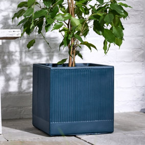 Medium Navy Blue Ribbed Finish Fibre Clay Indoor Outdoor Garden Plant Pots Houseplant Flower Planter