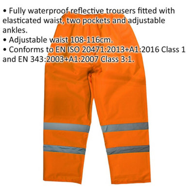 MEDIUM Orange Hi-Vis Waterproof Trousers - Elasticated Waist Adjustable Ankles