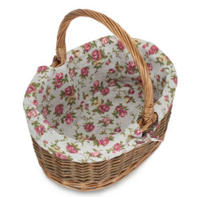 Medium Oval Unpeeled Willow Shopping Basket With Garden Rose Lining