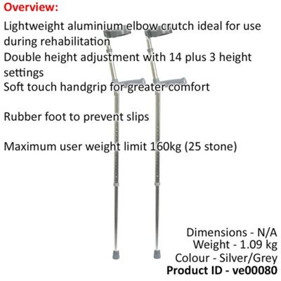 Medium PVC Wedge Handle Lightweight Aluminium Elbow Crutch 14+3 Height Settings