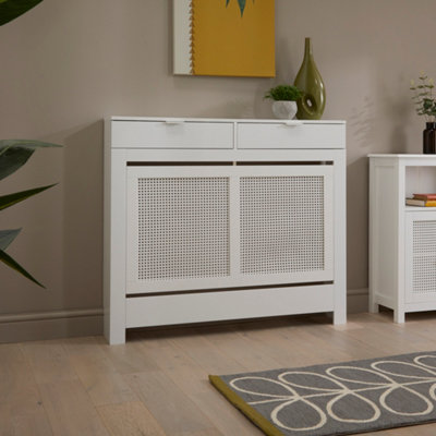Medium Radiator Cover with Drawers and Rattan Panels in White