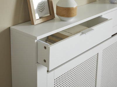 Medium Radiator Cover with Drawers and Rattan Panels in White