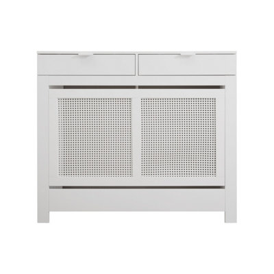 Medium Radiator Cover with Drawers and Rattan Panels in White - 3