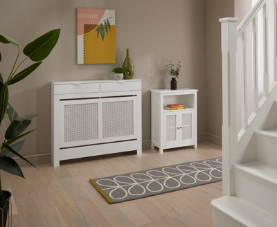 Medium Radiator Cover with Drawers and Rattan Panels in White - 5