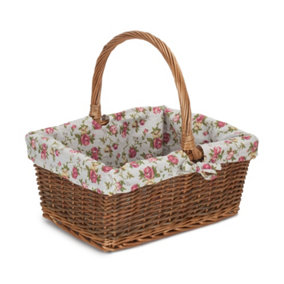 Medium Rectangular Unpeeled Willow Shopping Basket With Garden Rose Lining