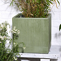 Medium Sage Green Ribbed Finish Fibre Clay Indoor Outdoor Garden Plant Pots Houseplant Flower Planter