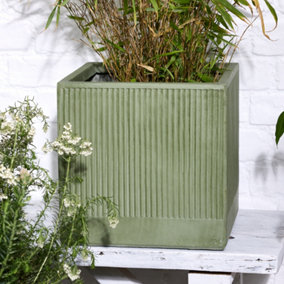 Medium Sage Green Ribbed Finish Fibre Clay Indoor Outdoor Garden Plant Pots Houseplant Flower Planter