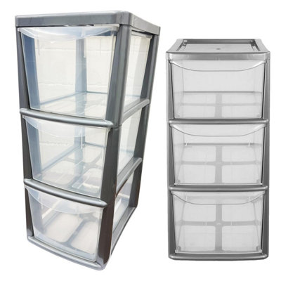 Medium Silver Modular 3 Drawer Storage Tower Unit For Home Office Schools With Clear Drawers