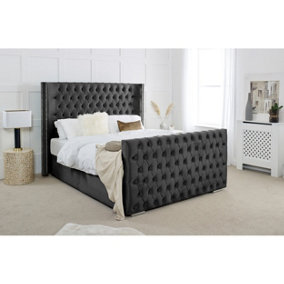 Meila Plush Bed Frame With Winged Headboard - Black