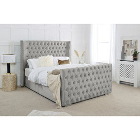 Meila Plush Bed Frame With Winged Headboard - Silver