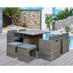 Mekong Cube Rattan Garden Furniture 9 Piece Set Table Chairs Footstools Stool Acacia Table Top Seats 8 Grey