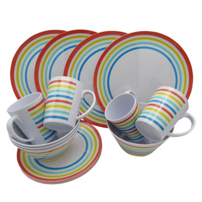 Melamine Dinner Set 16 Piece (Outdoor Camping Picnic Caravan Dinnerware Rainbow)