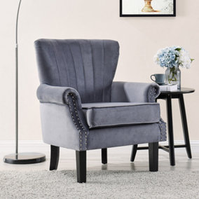 Melbourne Wing Back Armchair Occasional Accent Chair Studded Design Scroll Arms Padded Paneled Dark Grey Velvet