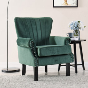 Melbourne Wing Back Armchair Occasional Accent Chair Studded Design Scroll Arms Padded Paneled Green