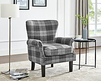 Melbourne Wing Back Armchair Occasional Accent Chair Studded Design Scroll Arms Padded Paneled Grey Tartan