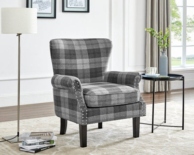 Melbourne Wing Back Armchair Occasional Accent Chair Studded Design Scroll Arms Padded Paneled Grey Tartan