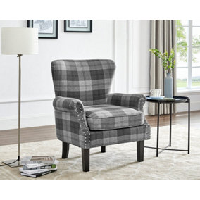 Melbourne Wing Back Armchair Occasional Accent Chair Studded Design Scroll Arms Padded Paneled Grey Tartan