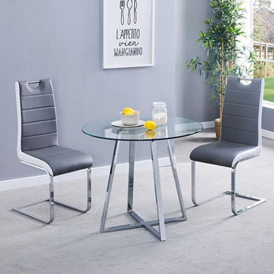 Melito Round Glass Dining Table With 2 Petra Grey White Chairs 