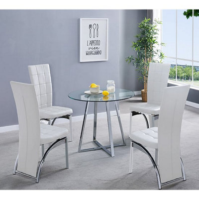 Melito Round Glass Dining Table With 4 Ravenna White Chairs | DIY at B&Q