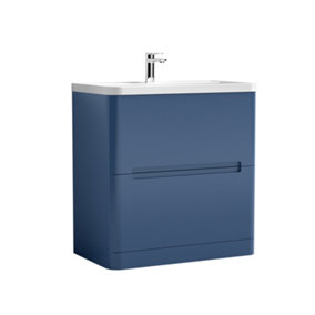 Mellow Floor Standing Handleless 2 Drawer Vanity Basin Unit with Ceramic Basin - 800mm - Satin Blue
