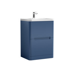 Mellow Floor Standing Handleless 2 Drawer Vanity Basin Unit with Polymarble Basin - 600mm - Satin Blue