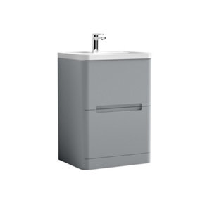 Mellow Floor Standing Handleless 2 Drawer Vanity Basin Unit with Polymarble Basin - 600mm - Satin Grey