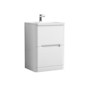 Mellow Floor Standing Handleless 2 Drawer Vanity Basin Unit with Polymarble Basin - 600mm - Satin White
